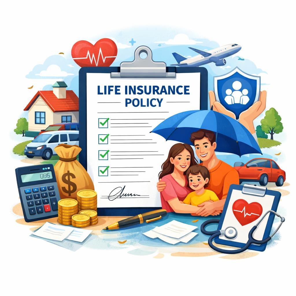Illustration of a family under an umbrella with life insurance policy and related financial icons