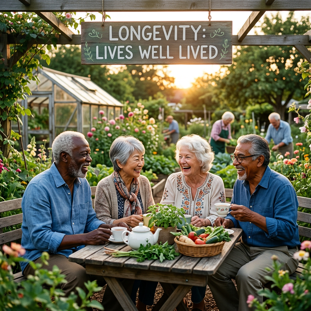 Four elderly friends sitting at a wooden table outdoors in a garden, drinking tea and smiling